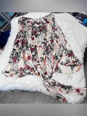 Floral Tie-Front Sheer Blouse - Cream with Red & Green Floral Print